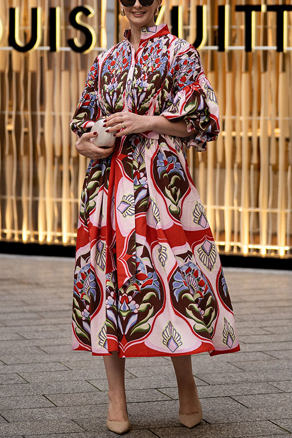 Khloe Bold Geometric Print Pleated Shoulder Puff Sleeve Belt Pocket Shirt Midi Dress-consonak