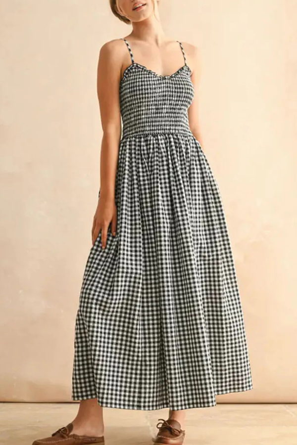 Stylish Plaid Print Spaghetti Strap Ruched Casual Pocket Maxi Dress | Consonak