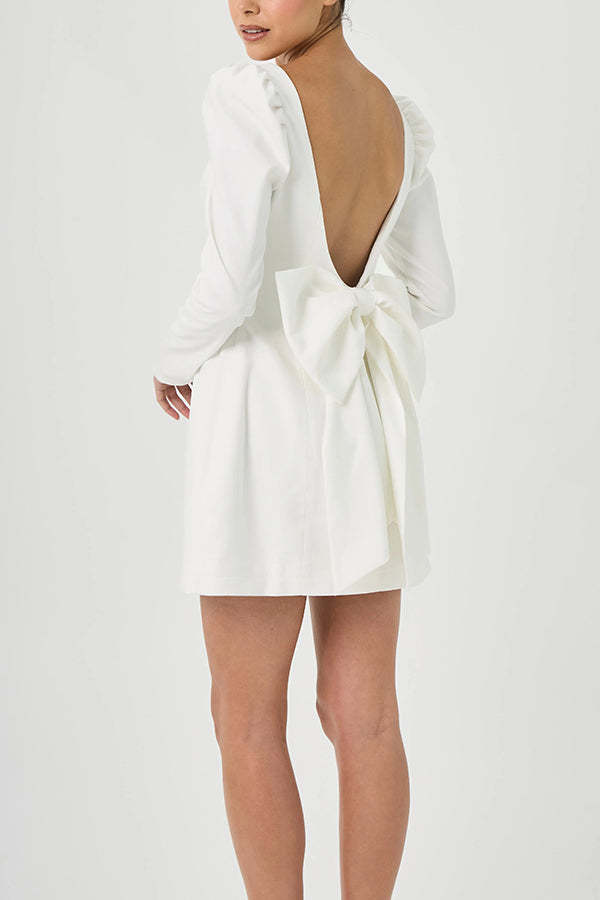 Women's party dress fluffy shoulder long sleeved back bow detail mini dress-consonak