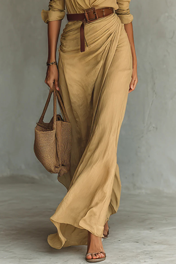 City Sleek Single Breasted Long Sleeve Warp Slit Shirt Maxi Dress-consonak