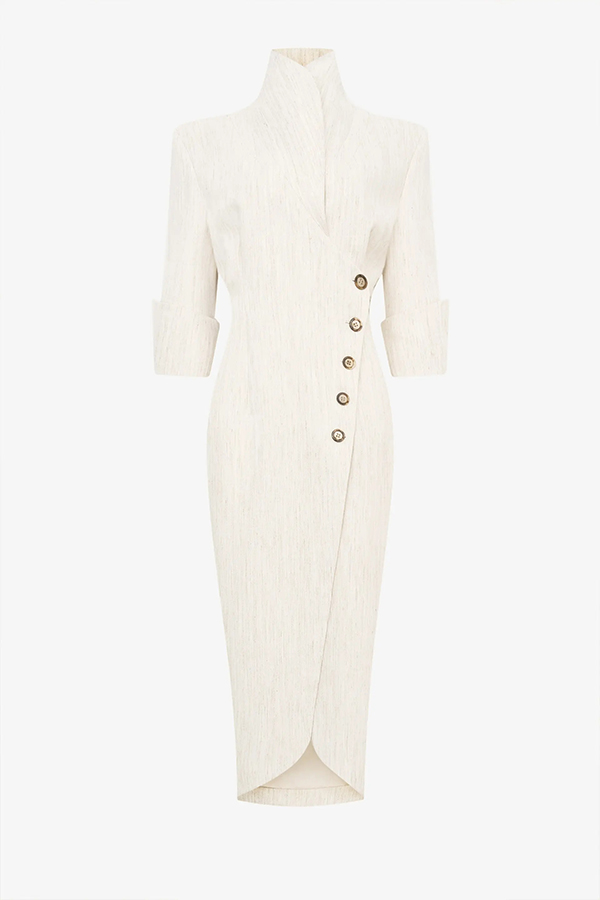 Elegant Look Linen Blend Stand Lapel Neck Half Sleeve Side Button Midi Dress-consonak