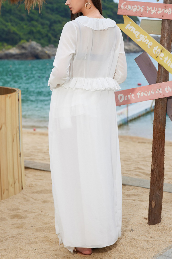 Solid Color Loose Long-sleeved Ruffled Holiday Cover-up Robe-consonak