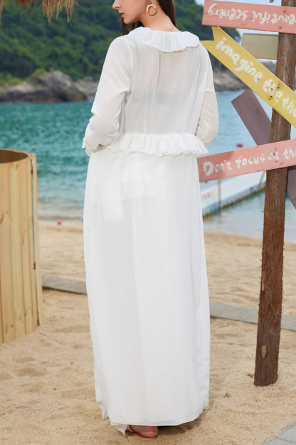 Solid Color Loose Long-sleeved Ruffled Holiday Cover-up Robe-consonak