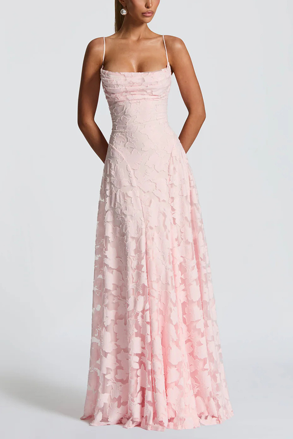 Francis Custom Floral Burnout Fabric Cowl Neck Back Lace-up Maxi Dress-consonak