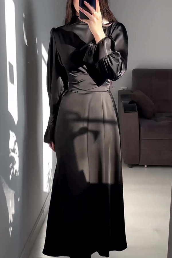 Solid Color Ruffled Sleeves Waisted Tie Slim Fit Maxi Dress-consonak