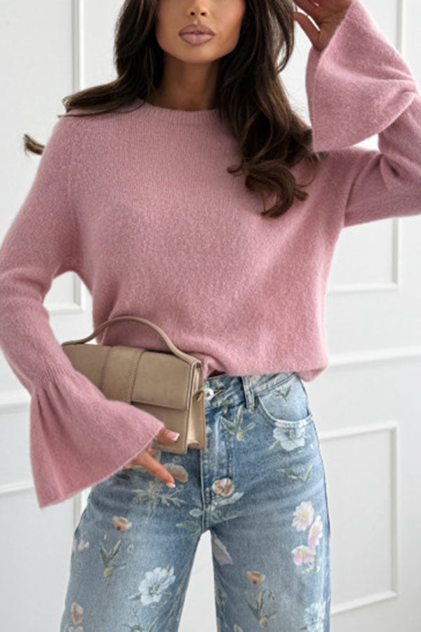 Spring Calling Knit Crew Neck Long Bell Sleeve Relaxed Sweater-consonak