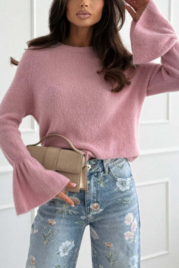 Spring Calling Knit Crew Neck Long Bell Sleeve Relaxed Sweater