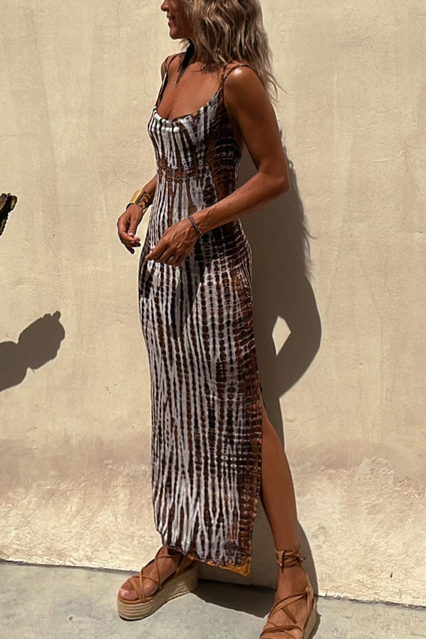 An Inspiration Tie-dye Print Double Shoulder Strap Stretch Maxi Dress-consonak