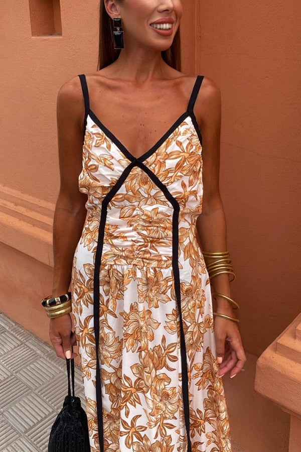 Violet Contrast Unique Print Pleated Backless Strappy Maxi Dress-consonak