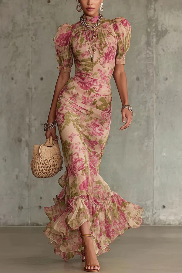 Unique Print Stand Collar Puff Sleeve Slim Fit Ruffle Maxi Dress | Consonak