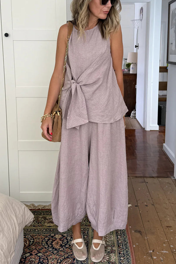 So Comfortable Linen Blend Knotted Top and Elastic Waist Pocket Wide Leg Pants Set