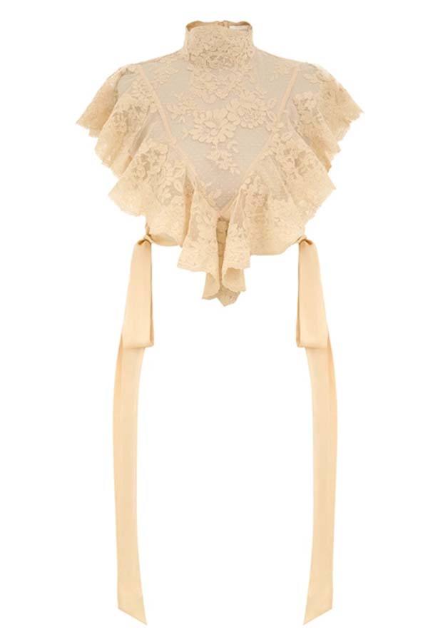 Salenia Lace Appliqué High Neck Side Tie-up Ruffle Cropped Top-consonak