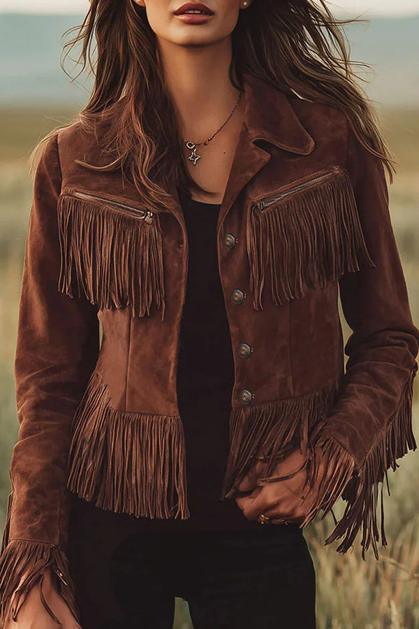 Retro-style Lapel Long-sleeved Tassel Casual Suede Short Jacket-consonak