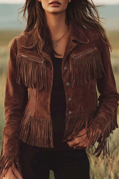 Retro-style Lapel Long-sleeved Tassel Casual Suede Short Jacket-consonak