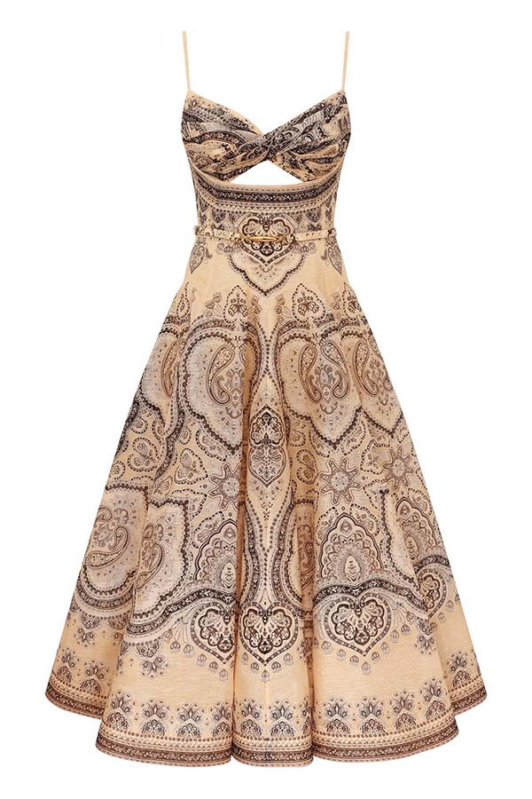 Luna Linen Blend Paisley Print Twist Back Smocked Pocket Slip Midi Dress
