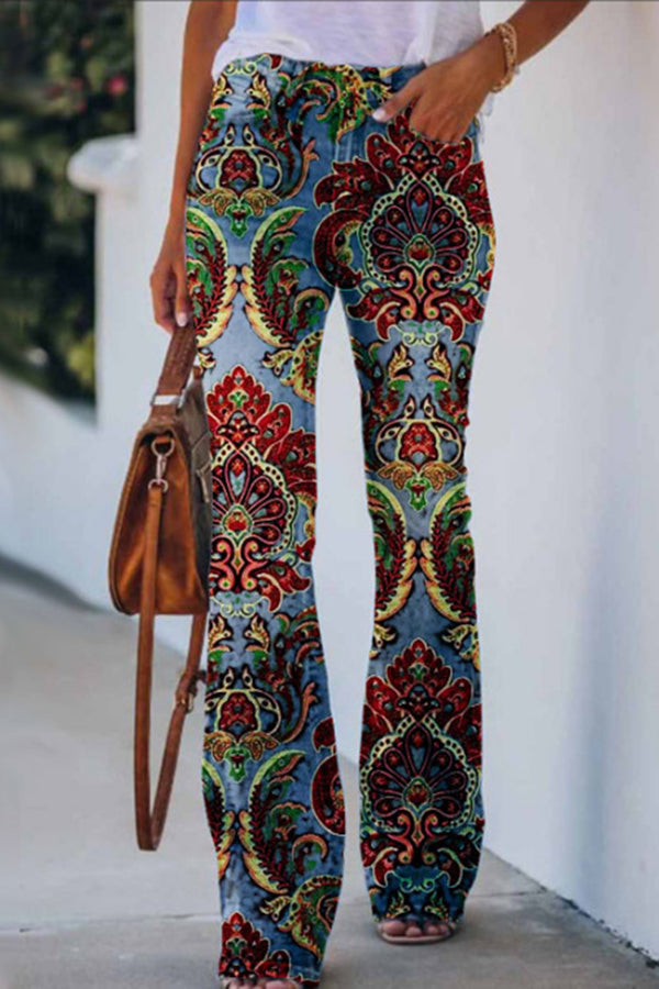 On A Drive Printed Faux Denim High Rise Flare Pants | Consonak