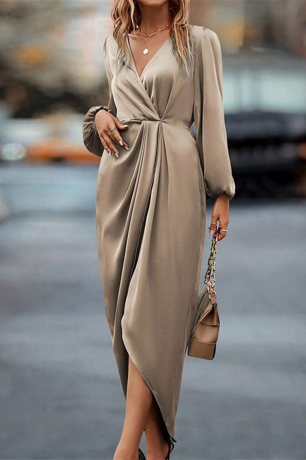 Satin V-neck Long-sleeved Slit Irregular Hem Midi Dress-consonak