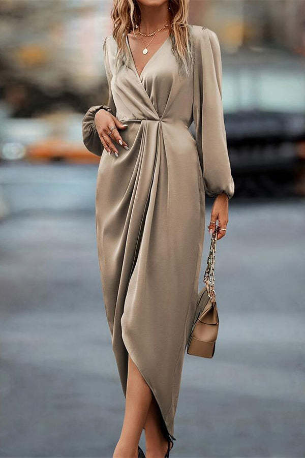 Satin V-neck Long-sleeved Slit Irregular Hem Midi Dress-consonak