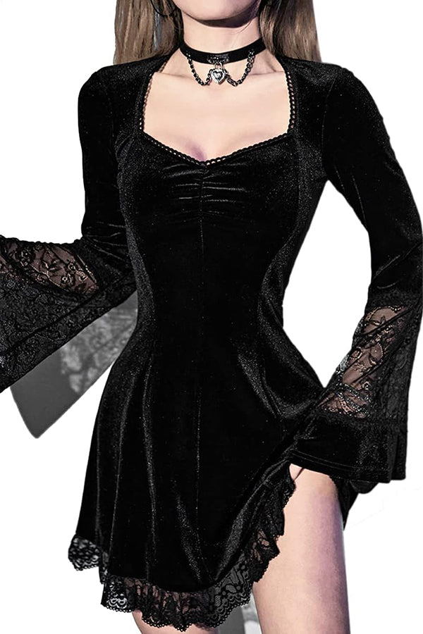 Solid Color Velvet and Lace Spliced long-sleeved Elegant Mini Dress-consonak