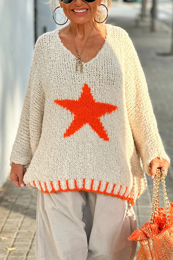 Warm Winter Day Texture Knit Star Pattern Contrast Color Loose Sweater-consonak
