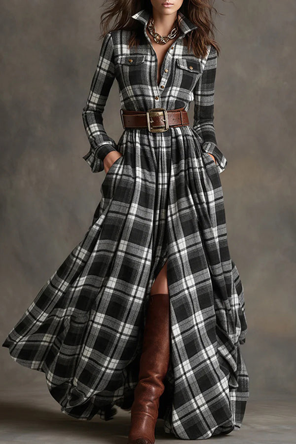 Retro Plaid Print Lapel Long-sleeved Pocket Maxi Dress-consonak