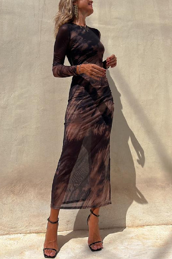 Charm Lady Mesh Overlay Tie Dye Print Long Sleeve Ruched Stretch Midi Dress | Consonak