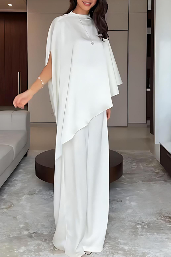 Iris Satin High Neck Cape Sleeve Irregular Hem Top and Elastic Waist Wide-Leg Pants Set-consonak