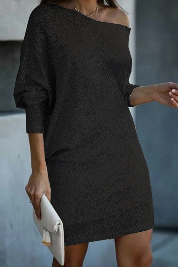 Solid Sequined Off-shoulder Loose Mini Dress-consonak