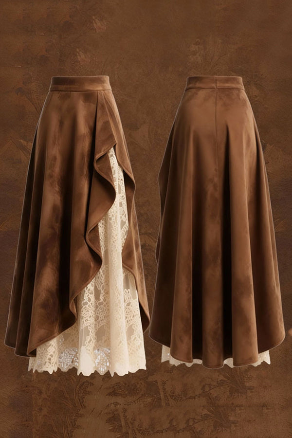 Stylish Suede and Lace Patchwork Elegant Asymmetrical Midi Skirt | Consonak