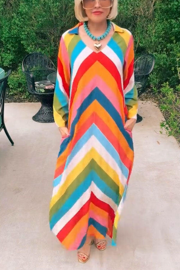 Rainbow Skyline Color-block Print Pocket A-line Shirt Maxi Dress