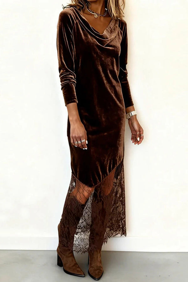 Stylish Velvet and Lace Patchwork Long-sleeved Elegant Maxi Dress-consonak