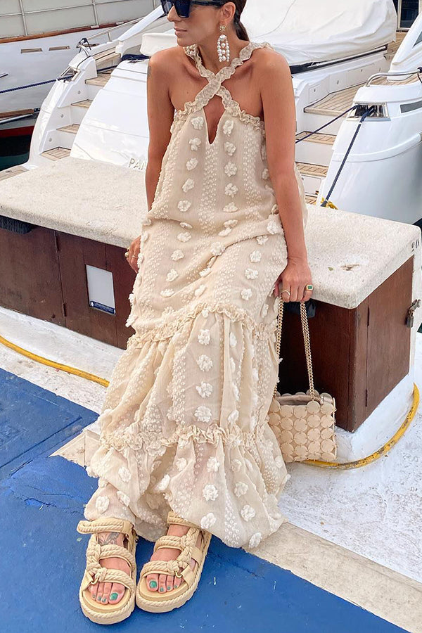 Sweet By The Sea Flower Decor Halter Party Maxi Dress-consonak