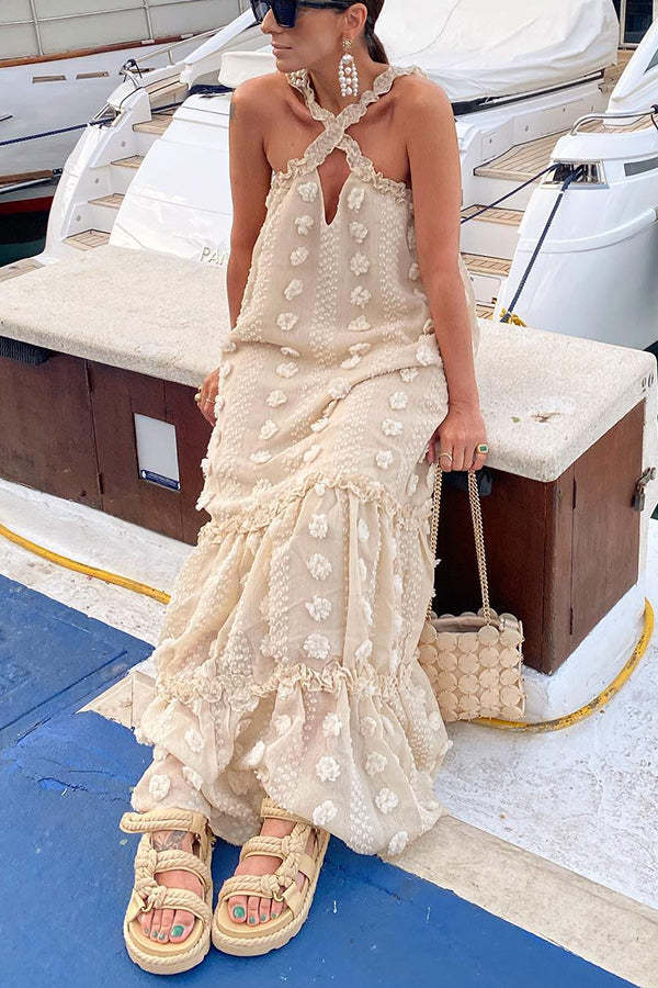 Sweet By The Sea Flower Decor Halter Party Maxi Dress-consonak