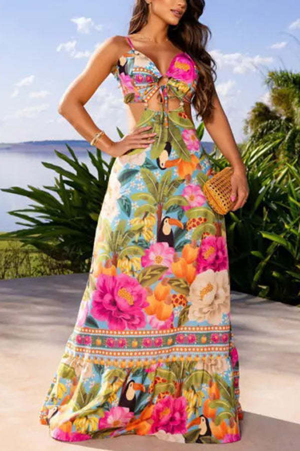 Mexico Style Tropical Print Ring Cutout Lace-up Vacation Maxi Dress-consonak