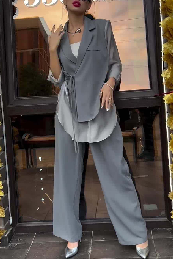 Chic and Elegant Chiffon Patchwork Irregular Lace-up Jacket and Pocketed Straight-leg Pants Set-consonak
