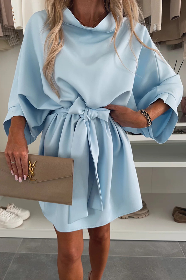 Solid Color Loose Round Neck Belted Mini Dress | Consonak