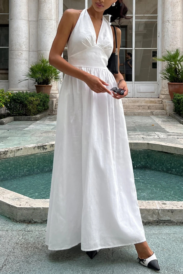 Solid Color Halter Neck Tie Elegant Backless Waist-cinching Maxi Dress | Consonak