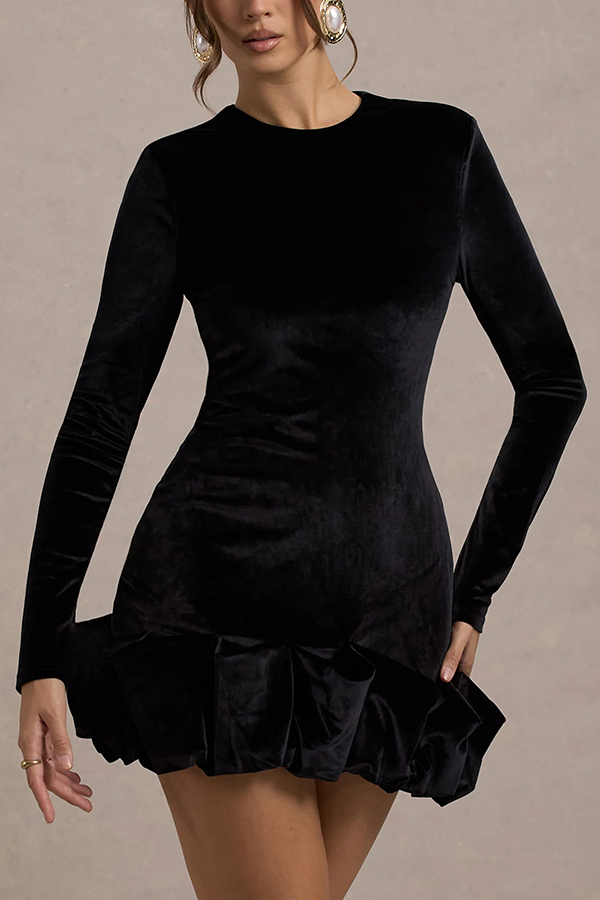 Solid Color Velvet Slim-fit Long-sleeved Mini Dress-consonak