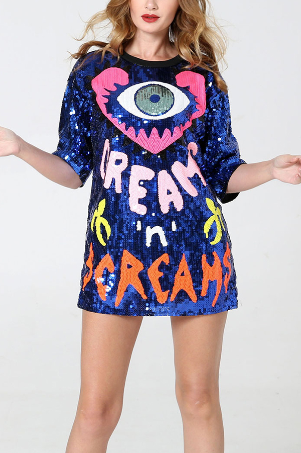 Love Eyes Letters Sequined Round Neck Short Sleeve Mid-Length Loose T-Shirt-consonak