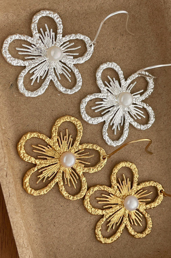 Pearl Openwork Flower Earrings-Consonak