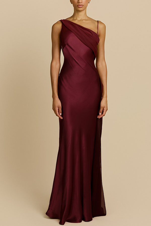 Helena Satin Asymmetric Neckline Contrast Chiffon Detail Backless Maxi Dress