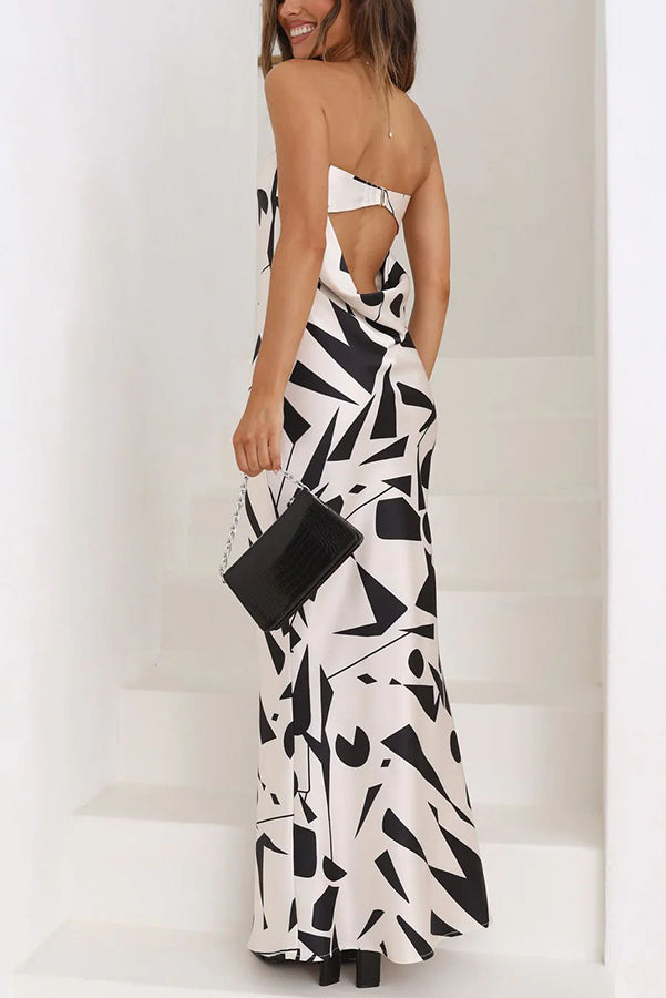 Cassy Satin Geometric Print Off Shoulder Maxi Dress-consonak
