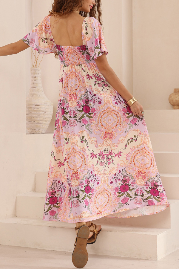 Plant Print Short-sleeved Square Neck Casual Pocket Holiday Midi Dress-consonak