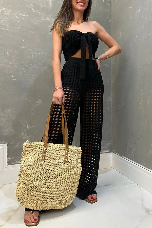 Riley Knit Front Knotted Bandeau and Stretch Hollow Out Wide Leg Pants Set-consonak