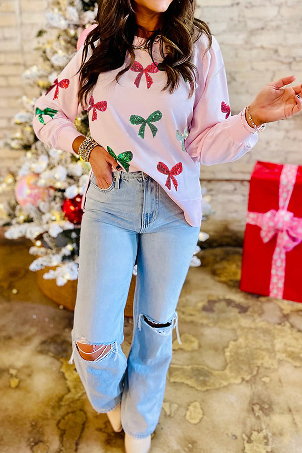 Christmas Sequined Bow Crew Neck Long-sleeved Loose Sweatshirt-consonak