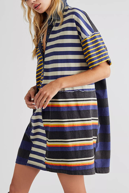 Contrast Striped Patchwork Denim Lapel Loose Casual Mini Dress-consonak