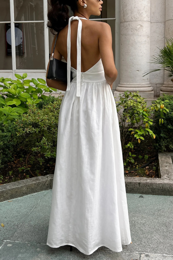 Solid Color Halter Neck Tie Elegant Backless Waist-cinching Maxi Dress | Consonak