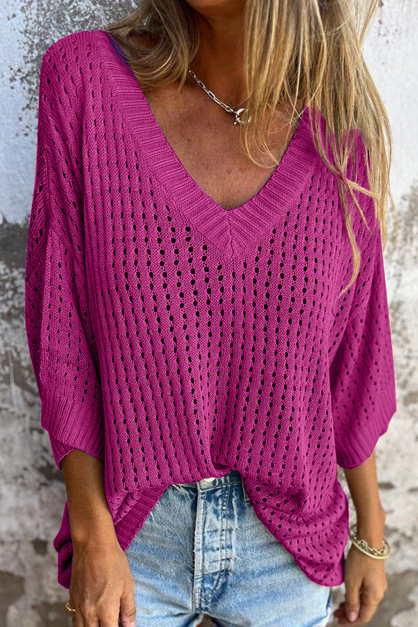 Fashionable Hollow V-neck Long-sleeved Casual Loose Knitted Top-consonak
