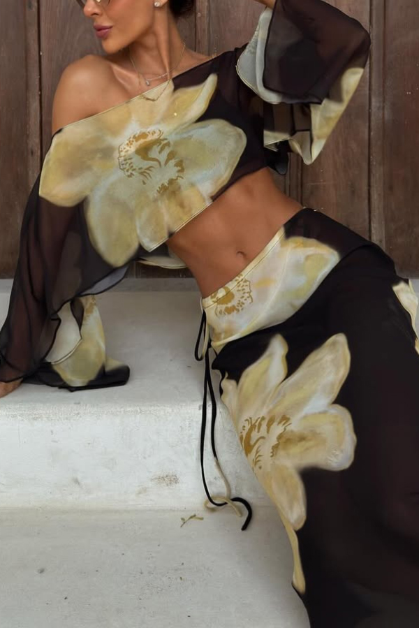 Floral Print Off-shoulder Long-sleeved Loose Top and Elegant Drawstring Maxi Skirt Set | Consonak