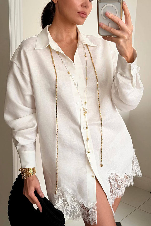 Linen Blend Shirt and Lace-trimmed Shorts Set-Consonak